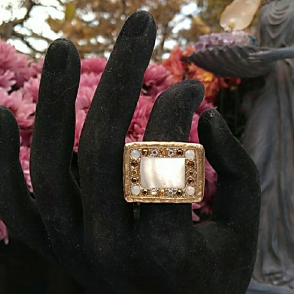 OOAK 18K Vermeil Sterling Silver MOP Opalite Multi Gemstone Ring VINTAGE Artisan - Picture 1 of 8